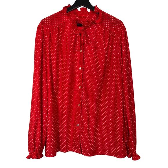Red Polka Dot Blouse Ruffled Collar and Tie Button Front Shirt 2X Vintage Retro - Picture 1 of 10